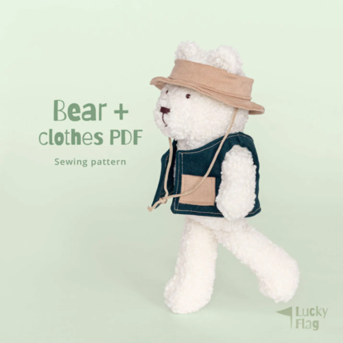 Teddy Bear Sewing Pattern PDF + Fishing Hat & Vest – DIY Stuffed Animal Plush Toy