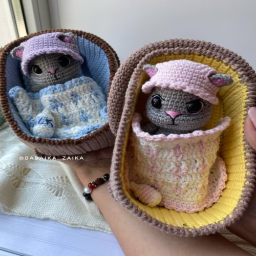 PDF Crochet Pattern Baby Cat in a Basket, Amigurumi cat pattern